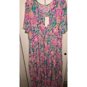 Proud Poppy Maxi Dress Plus 28 Tiered V Neck Pockets Cottagecore Floral‎ Flowy